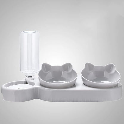 Triple Cat Bowls for Food and Water, Plastic Raised Cat Dishes, Automatic Water Bottle 3 in 1 Pet Bowls 2 Food Bowls and Water Feeder Set Wet Dry Food Bowl Set for Cats Puppy Small Dogs (Grey)