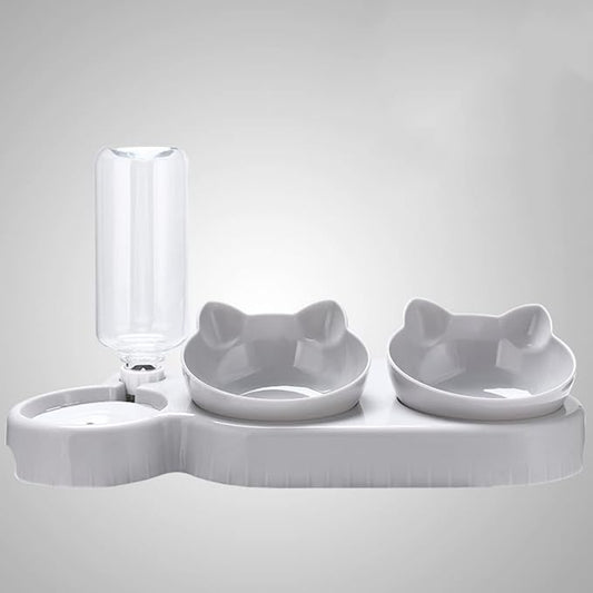 Triple Cat Bowls for Food and Water, Plastic Raised Cat Dishes, Automatic Water Bottle 3 in 1 Pet Bowls 2 Food Bowls and Water Feeder Set Wet Dry Food Bowl Set for Cats Puppy Small Dogs (Grey)