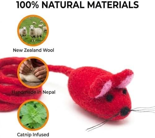 Glaciart One Felt Mouse Cat Toy – Soft Fuzzy Enrichment 100% Natural Wool - Interactive Catnip Play Cat Toy Set - Safe for Pets, Non-AZO Colored Dyes - 42” Long - Image 6