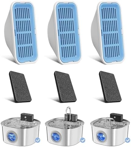 Voluas Replacement Cat Water Fountain Filters, 3 Filters and Pre-Filter Sponges for 108oz/3.2L Stainless Steel Pet Water Fountain 309A/309B/309C by Voluas