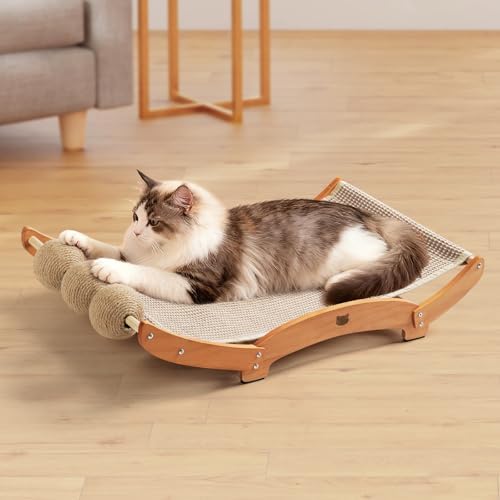 3 in 1 Sisal Cat Scratcher Bed, Solid Pine Cat Scratcher with Balls (Wood) by Casremee