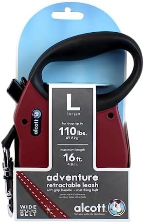 Alcott Adventure Retractable Reflective Belt Leash, 16' Long, Large for Dogs Up to 110 lbs, Red with Black Soft Grip Handle,RLSH AA LG RD - Image 2