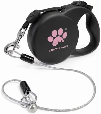 Chew Proof Retractable Dog Leash for Large Dogs, 16ft Heavy Duty Dog Lead with Anti-Chewing Steel Wire Rope, Tangle-Free 360° Swivel, One-Hand Brake & Lock, Black L by CROWN+PAWS