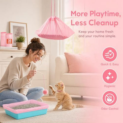Cat Litter Liners XL Heavy Duty Tear Resistant Litter Box Bags Leak Proof Drawstring Liners for Easy Clean Up & Odor Control, Fits Most Large Litter Boxes 36"x18" Pink & White 40 Count - Image 5