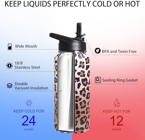 32ozLeopard Print Stainless Insulated Aater Water Bottle with Straw,Leopard Print Cheetah Gym Hiking Sports Coffee Mug Cup Water Bottles,Leopard Print Decor Stuff Accessories - Image 4