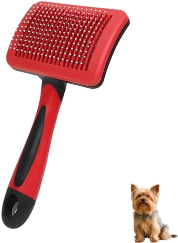 Self Cleaning Slicker Dog Brush for Small Long-Haired Breeds (Black, Red) by PetJoyHaven