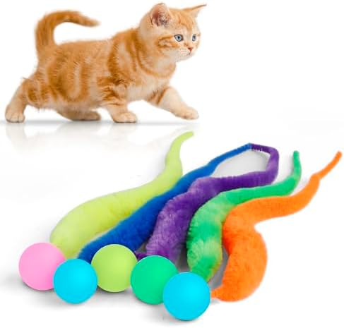SHENGSEN Bouncy Ball with Tail Cat Toys-5 Packs,Large Magic Worm with Fluorescent Ball Toy for Cats,Colorful Fuzzy Worm Bouncy Glow Balls Cat Toy by SHENGSEN