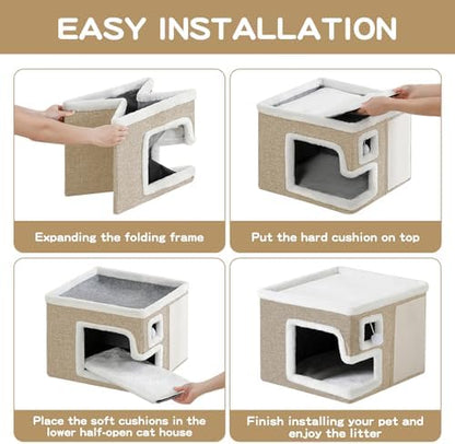Cat Houses for Indoor Cats, Covered Cat Cave Bed with Scratch Pad and Fluffy Ball, Foldable Cat Hideaway Condo for Large Cats, Modern Kitten Bed,16.5x16.5x13 inches (Khaki‌, L) - Image 6