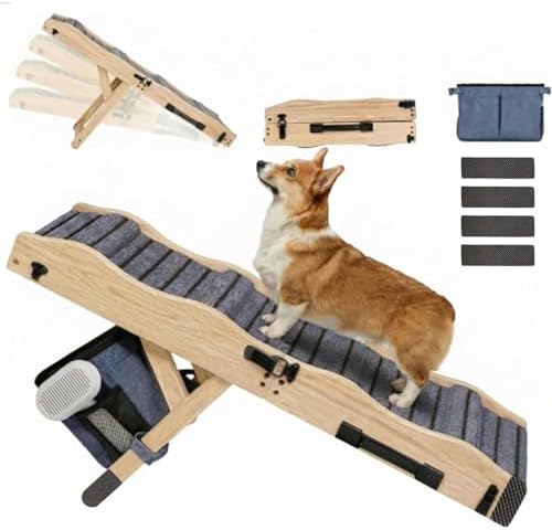 2026 Upgraded Small Dog Ramp for Couch Foldable, 5 Ajustable Height | Height from 9.8" to 20.5", Portable Stable Pet Steps with Non-Slip Pad, Pet Ramps Use for Sofa Couch Stairs, Wood by Unknown