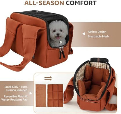 Dog Purse Carrier for Small Dogs and Cats, Soft-Sided Pet Tote Bag with 6 Large Pockets, Collapsible Travel Puppy Carrier with Small Cushion, Fits Pets up to 6 lbs (Caramel, 13.6" L x 6.6" W x 10" H) - Image 3