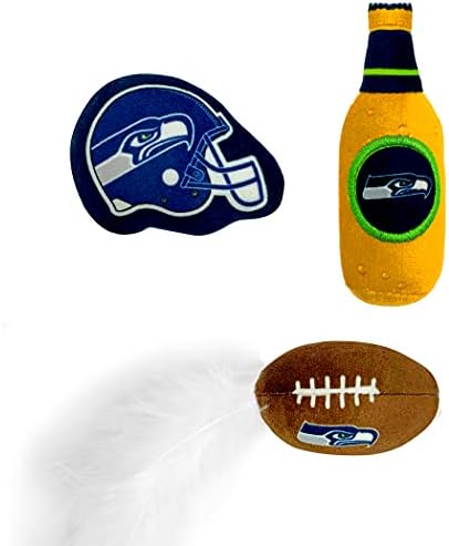 Best Plush CAT Toy - NFL Seattle Seahawks Complete Set of 3 Piece Cat Toys Filled with Fresh Catnip. Includes: 1 Helmet Cat Toy, 1 Football Cat Toy with Feathers & 1 Beer Bottle. Beautiful Team Logos - Image 2