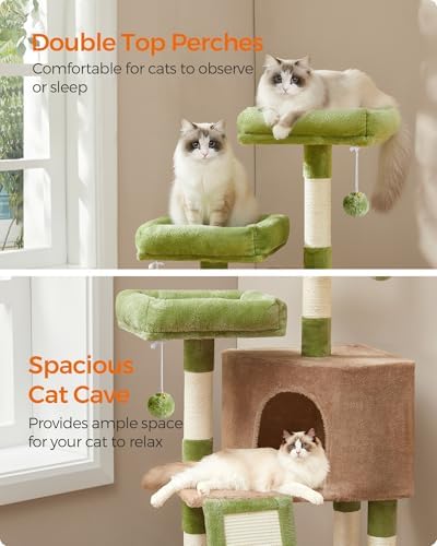 Feandrea Cat Tree, 45.3-Inch Cute Cat Tower, Climbing Condo, Green & Brown - Image 4