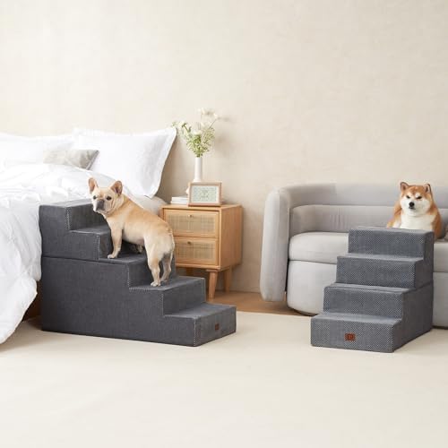 EHEYCIGA Dog Stairs for High Bed 25" H, Extra Wide Dog 5-Step, Grey - Image 5