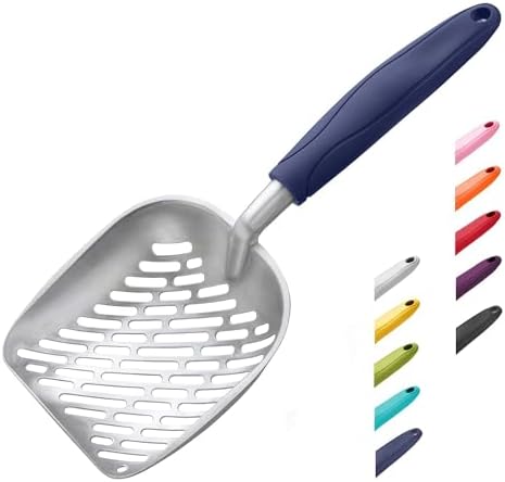 WePet Cat Litter Scoop, Aluminum Alloy Sifter, Kitty Metal Scooper, Deep Shovel with Diagonal Sifting Hole, Long Handle, Kitten Poop Lifter for Litter Box, Medium Size, Blue Handle by WePet