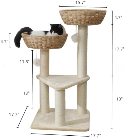 SHENGOCASE Cat Tree Tower with Rattan Wicker Basket, 2 Handwoven Large Nest Baskets Bed, Window Perch for Large Cats up to 20LBS - Image 7
