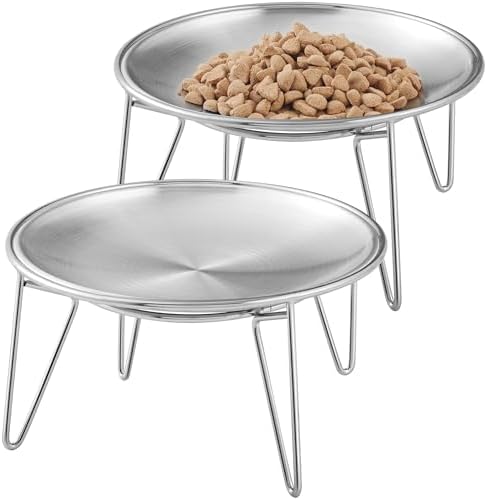 Elevated Cat Bowls, Wide Stainless Steel Cat Food Bowls with Metal Stand Whisker Stress-Free, Raised Food and Water Dish for Cats, Kitten, Puppies and Small Dogs by Wellbro