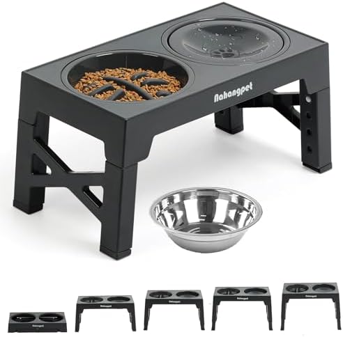 3-in-1 Elevated Slow Feeder Dog Bowls for Food and Water, 5 Heights Adjustable Raised Dog Bowls, Non-Slip, No Spill, for Small Medium Large Dogs and Cats(Grey) by NAHANGPET