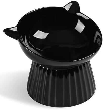 Ceramic Raised Cat Bowl，Tilted Raised Bowl Anti Vomit for Indoor Cats Whisker Friendly Pet Feeder for Cats Puppies, Microwave and Dishwasher Safe (Black) by Wellbro