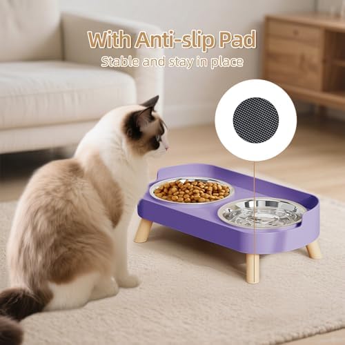 Elevated Cat Bowl, Raised Cat Food and Water Bowl Set for Indoor Cats, Splash Proof with 2 Stainless Steel Pet Food Bowls for Cats and Puppies, Whisker Fatigue and Dishwasher Safe - Purple - Image 7