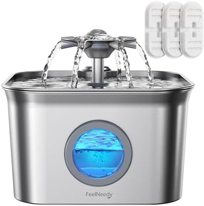 Stainless Steel Cat Water Fountain, 2.8L with 20dB Ultra-Quiet Pump- Ideal for Timid Pets, LED Water Level Window, Dishwasher Safe, 24/7 Circulation- Includes 3 Replacement Filters by FEELNEEDY