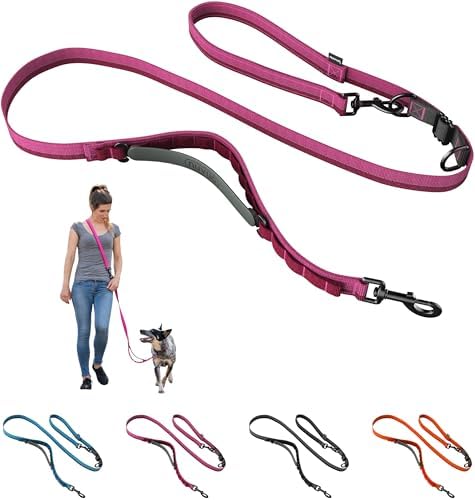 Cross Body Dog Leash - Waist or Shoulder Leash for Walking and Hiking with Medium and Large Dogs, Adjustable 4 to 6 FT Outdoor Bungee Lead with Traffic Handle by Nuvuq (18-120 lbs, Pink) by Nuvuq