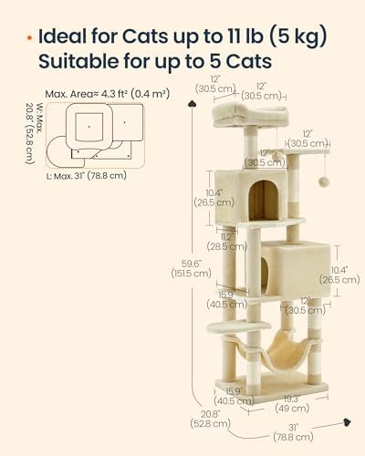 SONGMICS HOME Cat Tree for Indoor Cats, Multi-Level Cat Tower with Sisal Scratching Posts, Hammock and Condo, Beige - Image 6