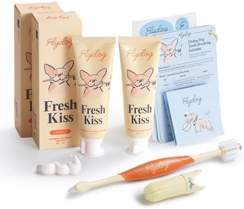 FlyDog Fresh Kiss Dog Tooth Brushing Kit - Vet Approved Formula, Enzymatic Dog Toothpaste and Brush - Breath Freshener & Tartar Remover, 360° Toothbrush & Finger Brush, Dental Guide, Coconut Flavor by FlydogPremiumPetCare