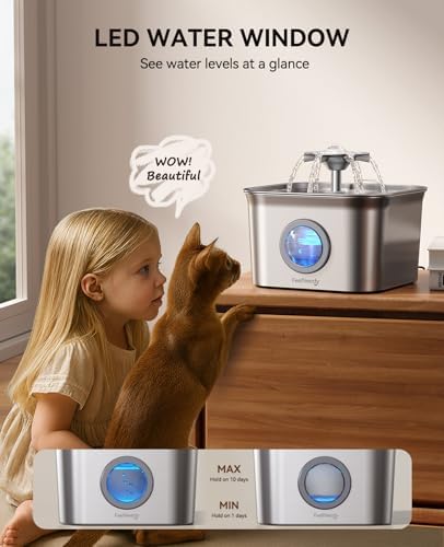 Stainless Steel Cat Water Fountain, 2.8L with 20dB Ultra-Quiet Pump- Ideal for Timid Pets, LED Water Level Window, Dishwasher Safe, 24/7 Circulation- Includes 9 Replacement Filters - Image 5
