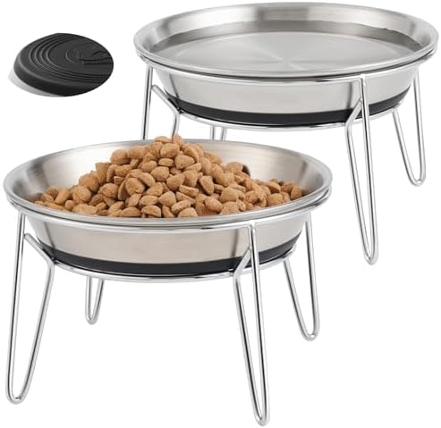 Elevated Cat Bowls, Wide Stainless Steel Cat Food Bowls with Metal Stand Whisker Stress-Free, Raised Food and Water Dish for Cats, Kitten, Puppies and Small Dogs by Wellbro
