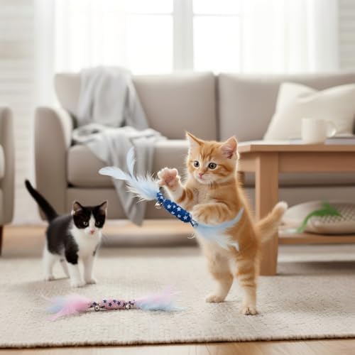 Catnip Toy Candy Shape with Bright Colors Feathers & Bell, Kicker Chew Toy for Indoor Cats, Enrichment Toys for Bored Kittens & Adult Cats, 3-Pack Crinkle Plush Toys for Teething and Play - Image 5