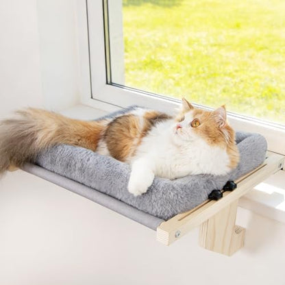 Cat Sill Window Perch - 100% Natural Pine Frame, Soft Plush Fleece, Tool-Free Adjustment, Supports 40 lbs (Medium-Grey) by Famifit