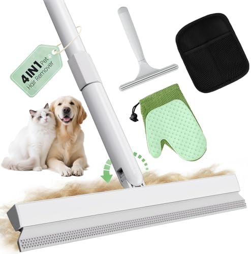 Carpet Rake for Pet Hair Removal Tool - 4 in 1 Pet Hair Remover Kit for Dog Cat Fur Remover, Contain 60" Adjustable Rubber Broom, Glove, Magic Brush and Scraper for Furniture,Short Pile Carpets, Mats by PWBSLAI