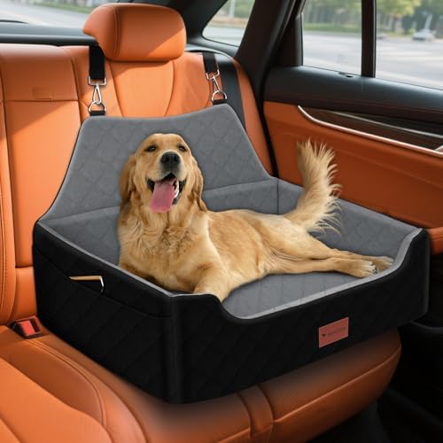 Dog Car Seat for Medium Large Dogs Under 55lbs, Detachable and Washable Dog Booster Seats with Thick Cushion, Pet Travel Bed for Car with Storage Pockets and 2 Safety Belts by HUICOCY