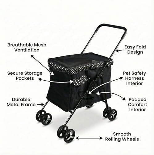 Small Polka Dot Pet Stroller - Small Dog/Cat Stroller, Pet Carrier with Wheels, Easy-Fold Compact Design, Multi-Pocket Storage, Waterproof Oxford Fabric for Pets Under 33 lbs - Image 3