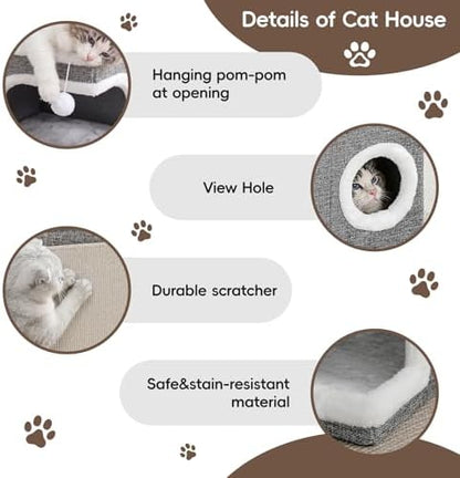 Extra-Wide Cat Houses for Indoor Cats, Large Cat Cave Bed with Fluffy Ball and Scratch Pad, Foldable Covered Kitten Bed for Multiple Cats, 23.6x16x13 inches, Grey - Image 5