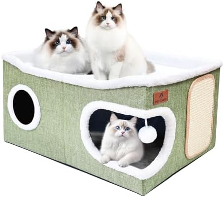 Extra Large Cat Beds for Indoor Cats, Covered Cat Cave Beds & Furniture with Scratch Pad and Fluffy Ball, Foldable Condo Hideaway with Reversible Cushion for Multi Small Pet Large Kittens, Green by Unknown