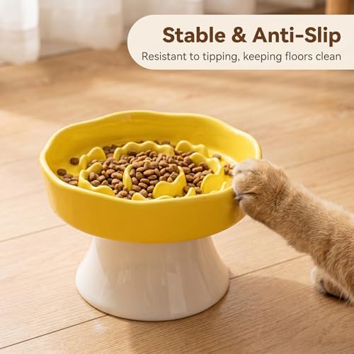 Vexilion Slow Food Pet Bowl, Ceramic, Yellow, Elevated Base Design, Prevent Pet from Too Fast - Image 3