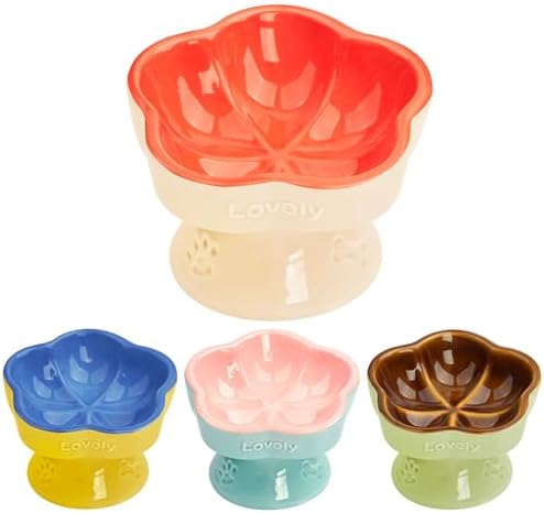 S&Q's CERAMICS Raised Cat Bowl, Elevated Cat Bowl for Food and Water, Ceramic Titled Dish, Anti Vomit & Whisker Friendly, Microwave and Dishwasher Safe (Orange, 5.8") by SQsCeramics