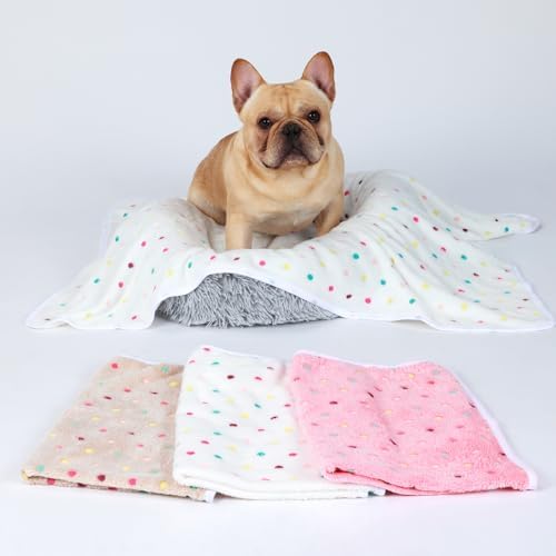 1 Pack 3 Blankets Super Soft Cute Dot Pattern Pet Blanket Flannel Throw for Dog Puppy Cat Beige/Brown/Pink Small - Image 6