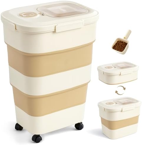 ZOMISIA 40-50lbs Collapsible Dog Food Storage Container with Wheels, Khaki by Zomisia
