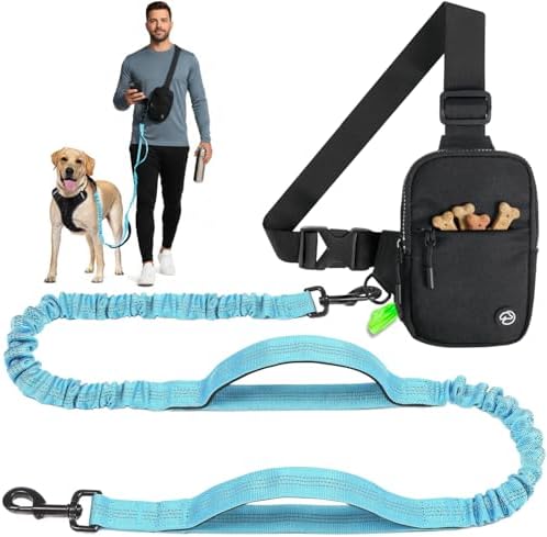 Hands Free Crossbody Dog Leash Bag with Built-in Poop Bag Dispenser & Storage, Dual Bungee Shock-Absorbing Leash with Dual Handles for Small, Medium, Large Dogs Walking or Training (Blue) by Unknown