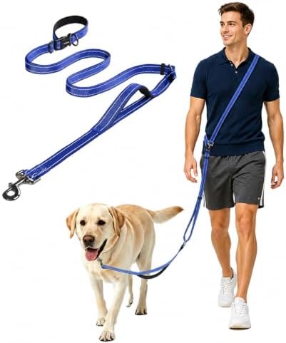 Hands Free Dog Leash by Kazazoo, Adjustable 6-9 FT Waist & Crossbody Leash with Quick Off Buckle, Reflective Stitches for Walking, Jogging,Medium to Large Dogs Blue-L by Kazazoo