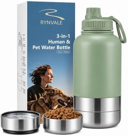 RYNVALE 32oz Insulated Stainless Steel Pet Water Bottle with Dog Bowl by RYNVALESTUDIO