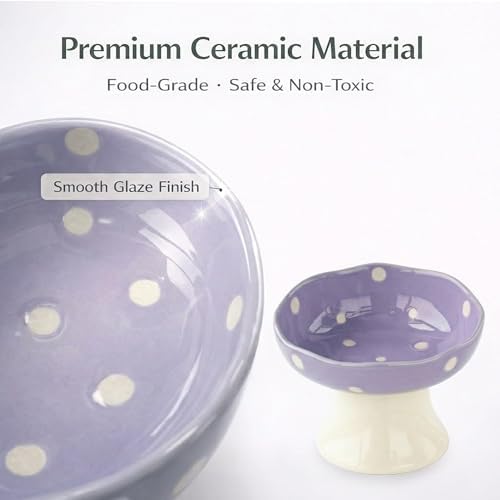 Elevated Ceramic Cat Bowls Set of 2, Mushroom Raised Wide & Shallow Cat Food and Water Bowls, Whisker Friendly Feeding Bowls for Cats & Small Dogs (Purple+Blue) - Image 5