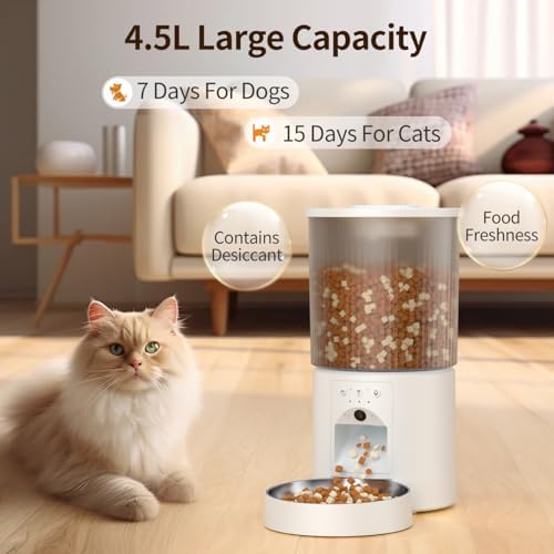 Automatic Cat Feeder, 4.5L Easy Install Pet Food Dispenser, 1080P HD Camera, 5GWIFI with Night Vision, Motion Alarm, Stainless Steel (White) - Image 2