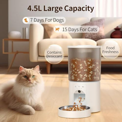 Automatic Cat Feeder, 4.5L Easy Install Pet Food Dispenser, 1080P HD Camera, 5GWIFI with Night Vision, Motion Alarm, Stainless Steel (White) - Image 2
