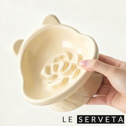 Winnie The Pooh Series Ceramic Slow Feeder Cat Bowl, Raised Anti-Gulping Design with Bear Ears, Pastel Colors, Quilted Pattern Base (Creamy Yellow) - Image 7