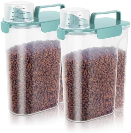5-7Lbs Dog Cat Food Storage Container with Upgraded Large Nozzle BPA-free, 4 Snap Seals Plastic Pet Food Storage Containers with Handles (Elegant Blue, 5L-2pack)