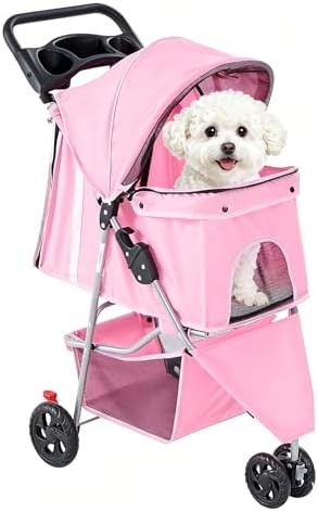3 Wheels Pet Stroller,Storage Basket and Cup Holder, Breathable Mesh, Waterproof and Foldable for Small/Medium Dogs and Cats Strollers, Lightweight Travel Carrier for Daily Walks & Outdoor，Pink by SimpleDeluxe