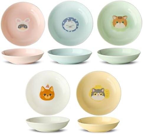 Ceramic Cat Bowls Set - 5.7 inch Cat Food Bowls Whisker Fatigue Friendly, 5 Wide Cats Plates for Wet Food Dry Food Water by Seyatoo